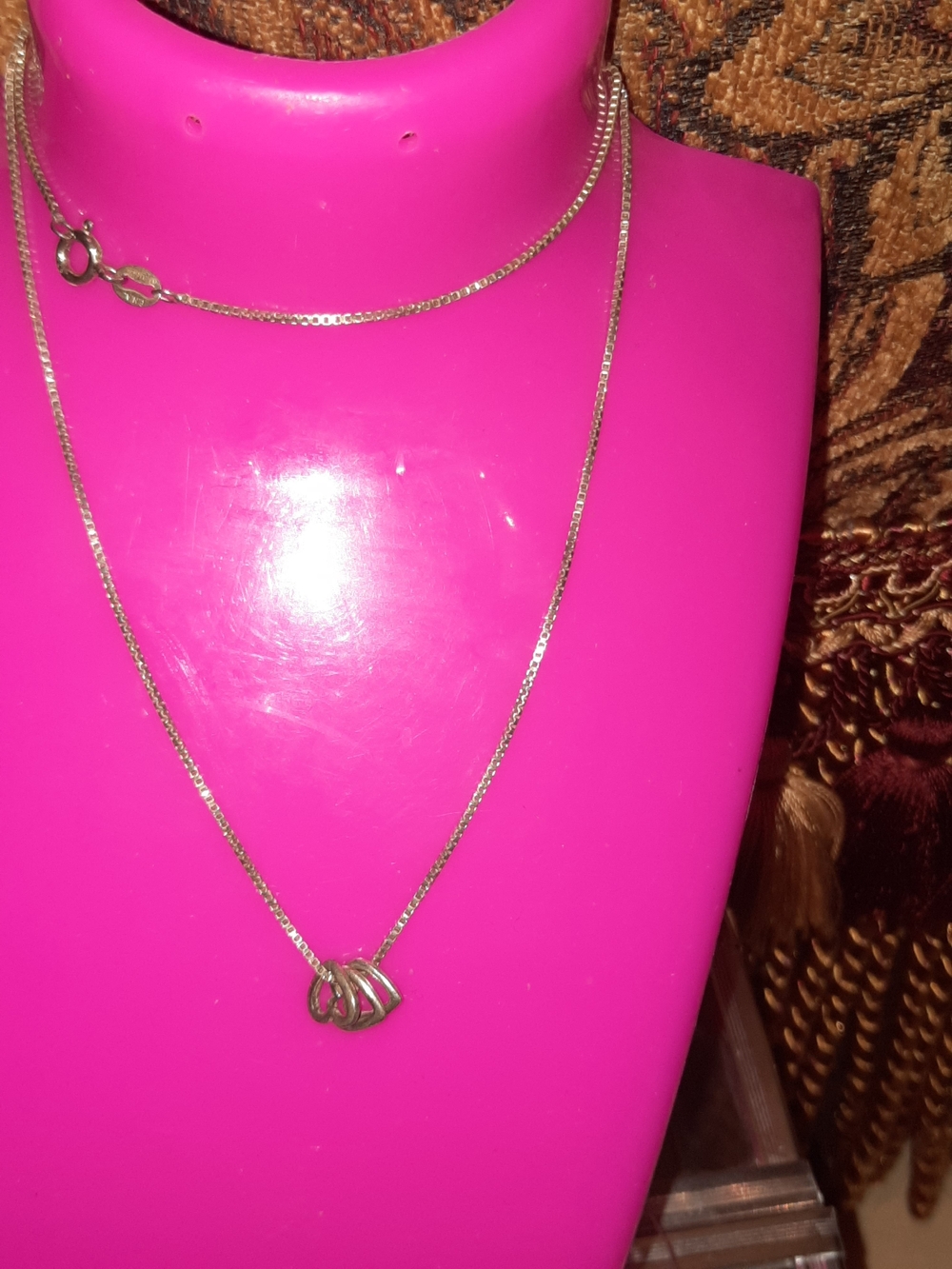 Vintage Solid Sterling Silver Trinity 3 Hearts Pendant Box Chain 18" Necklace